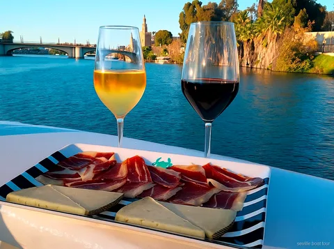 Glasses of white and red wine with ham and cheese on board a Seville boat tour, river and Torre del Oro behind